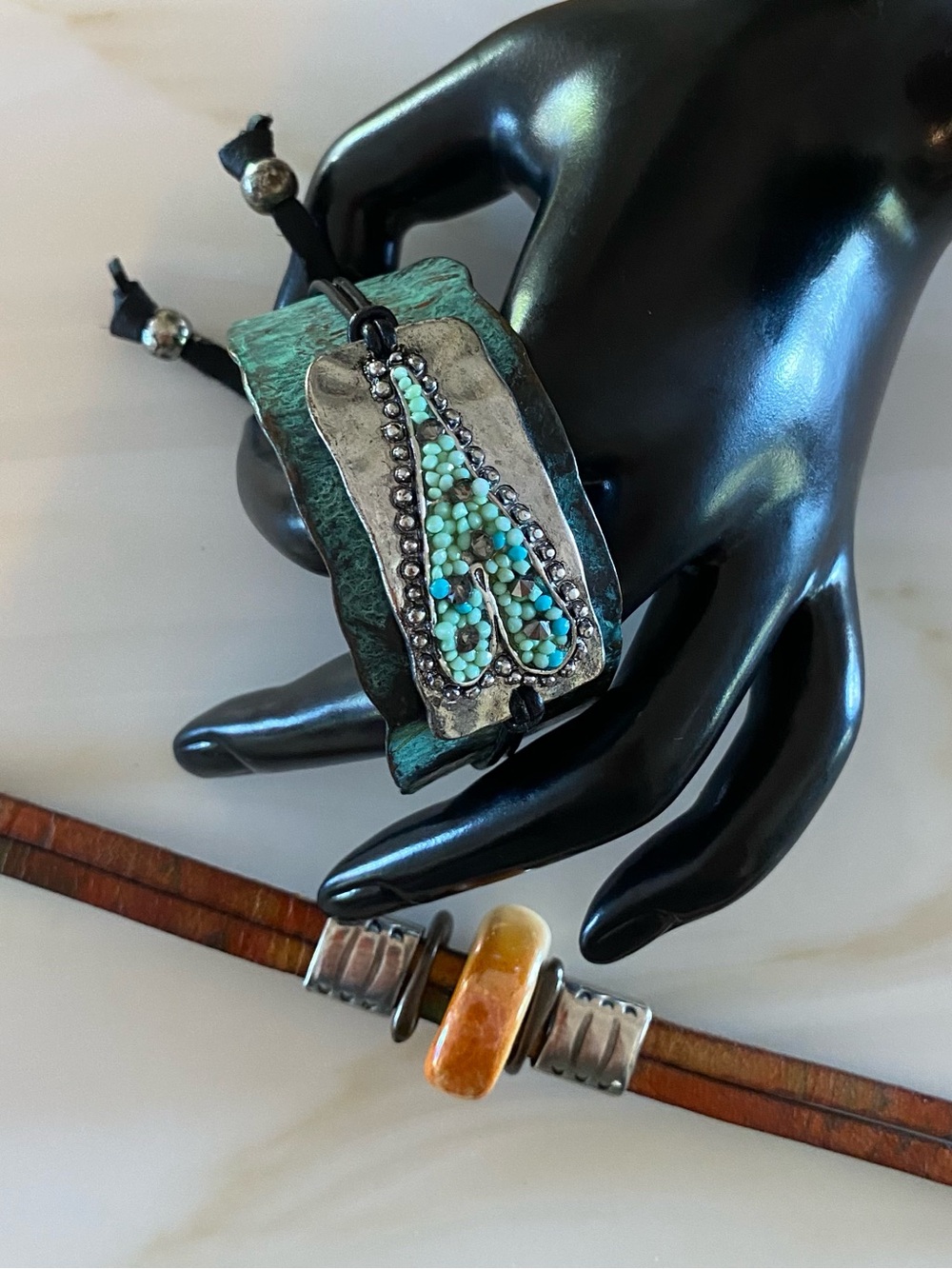 Turquoise Beaded and Leather Cuff Bracelets - Women Jewelry